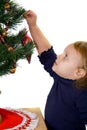 Baby decorating Christmas tree.