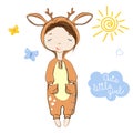 Baby in deer costume with horns . Cute little girl with closed eyes in overalls. Cartoon style