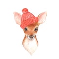 Baby Deer in red hat. Hand drawn cute fawn Royalty Free Stock Photo
