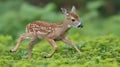 A baby deer running through a field of green grass, AI Royalty Free Stock Photo