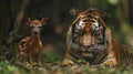 A baby deer is standing next to a tiger. Concept of curiosity and wonder about the relationship between the two animals