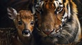 A baby deer is standing next to a tiger. Concept of curiosity and wonder about the relationship between the two animals