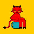 Baby demon on potty toilet. Little red devil