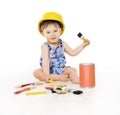 Baby Designer Painting Color Brush, Child Boy Sitting with Paint Royalty Free Stock Photo