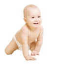 Baby in Diaper, Crawling Little Kid. Infant Active Child Portrait White Isolated