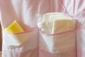 Baby diapers, wipes, and feeding bottle in the pocket Royalty Free Stock Photo