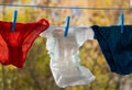 Baby diapers, women and man underwear hanging on a clothesline Royalty Free Stock Photo