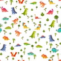 Baby dino seamless pattern. Animal dragon and cute nature dinosaur in jungle, childish bright texture for wallpaper