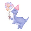 Baby dinosaur with balloons bunches clipart. Watercolor purple dinosaur birthday party illustration isolated on white background.