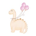 Watercolor baby dinosaur with balloons bunches clipart.