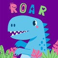 Baby dinosaur poster. Kids artwork with cute little dino character, funny monster fashion print. Vector tiny dragon