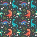 Baby Dinosaur Seamless Pattern Colorful Vector Illustration Dark Background