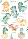 Watercolor poster with baby dinosaurs, tyrannosaurus, triceratops, pterodactyl, parasaurolophus, brontosaurus, stegosaurus