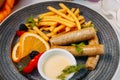 Baby dish, chicken sausages with french fries Royalty Free Stock Photo