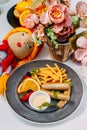 Baby dish, chicken sausages with french fries Royalty Free Stock Photo