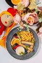 Baby dish, chicken sausages with french fries Royalty Free Stock Photo