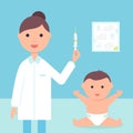 Baby and Doctor or Nurse Holding a Syringe. Treatment, Vaccination or Immunization Schedule Illustration. Vector Design