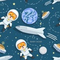 Baby Doge astronaut. Space background. Meme tokens. Shiba inu in space. Cute dog in a space suit.