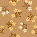 Baby Doll Ditsy Floral Print Simple seamless white and yellow flowers pattern on a light brown background in vintage style