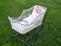 Baby doll in old-fashioned buggy Royalty Free Stock Photo