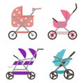 Baby doll stroller, cradle, carriage, buggy vector cartoon set Royalty Free Stock Photo