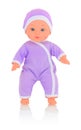 Baby doll wearing purple bodysuit and cap isolated on white background with shadow reflection. Royalty Free Stock Photo