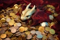 baby dragon sleeping on a pile of gold coins