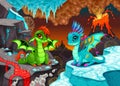 Baby dragons in a fantasy landscape with fire and ice