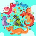 Baby dragons round pattern vector illustration. Cartoon funny dragons with wings. Fairy dinosaurs with pop corn, baloon