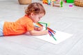 Baby drawing color pencils on sheet of paper. Baby art