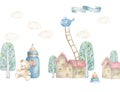 Baby dream land with treen and little house, helicopter nad strairs. Children illustration. Watercolor cute town. White background