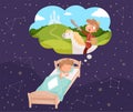 Baby dreams. Sleeping children dreaming clouds vector cartoon illustrations
