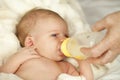 Baby drinking from bottle with nipple in mouth