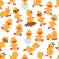 Baby duck seamless pattern. Cute ducklings kids album vector wallpaper