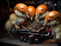 Baby ducks playfully welding with toy tools