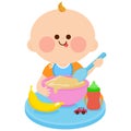 Baby eating cereal. Vector illustration