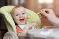 Baby eating food with father help Royalty Free Stock Photo