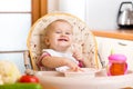 Baby eating healthy food on kitchen