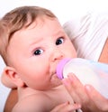 A baby eating milk from the bottle