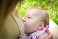 Baby eating mother`s milk. Mother breastfeeding baby. Beautiful mom breast feeding her newborn child