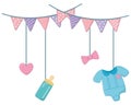 Baby elements hanging on clothesline rope