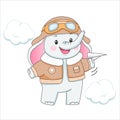 Baby elephant in aviator clothes with plane. Children illustration