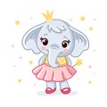 Baby elephant in a beautiful dress. Vector illustration with cute elephant princess