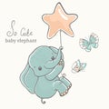 Baby elephant with butterfly flying on baloon, illustration, cute animal drawing Royalty Free Stock Photo