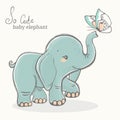 Baby elephant with butterfly illustration, cute animal drawing