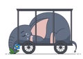 The baby elephant is crying in the cage on the wheels. Concept illustration about animal cruelty at zoos and circuses