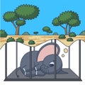 The baby elephant is dreaming of freedom in the cage. Concept illustration about animal cruelty at zoos and circuses