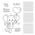 Baby elephant outline design with seamless patterns Royalty Free Stock Photo