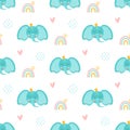 Baby elephant pattern. Sweet elephant patterns Cartoon blue elephant head with crown, rainbow, cute animal.