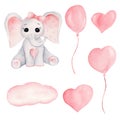 Baby elephant and pink balloons hand drawn watercolor illustrations set Royalty Free Stock Photo